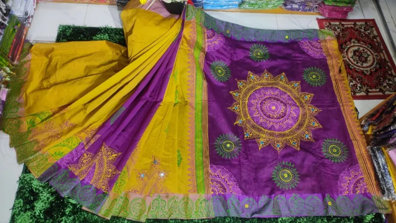 Block Print Dhupian Silk Saree with Embroidery, 13 Haath Long