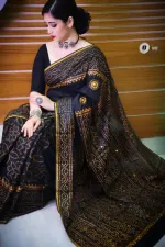 Reshmi Silk Saree with Chunri Block Print and Dollar Work