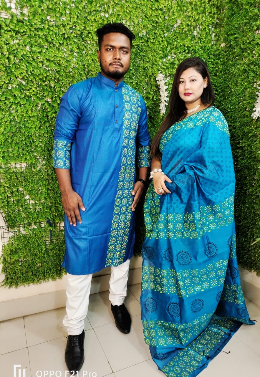 Dhupian Silk Couple Saree and Panjabi Set, Block and Screen Print