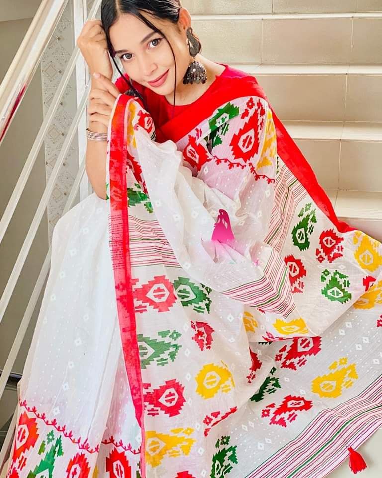 Half Silk Saree with Screen Printed Design, 6 Colour Choices