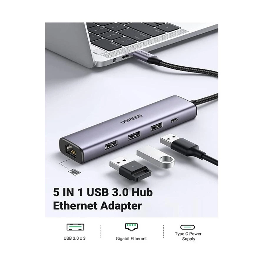 UGREEN CM475 (60554) USB to Tri USB 3.0, Type-C & LAN Converter Grey