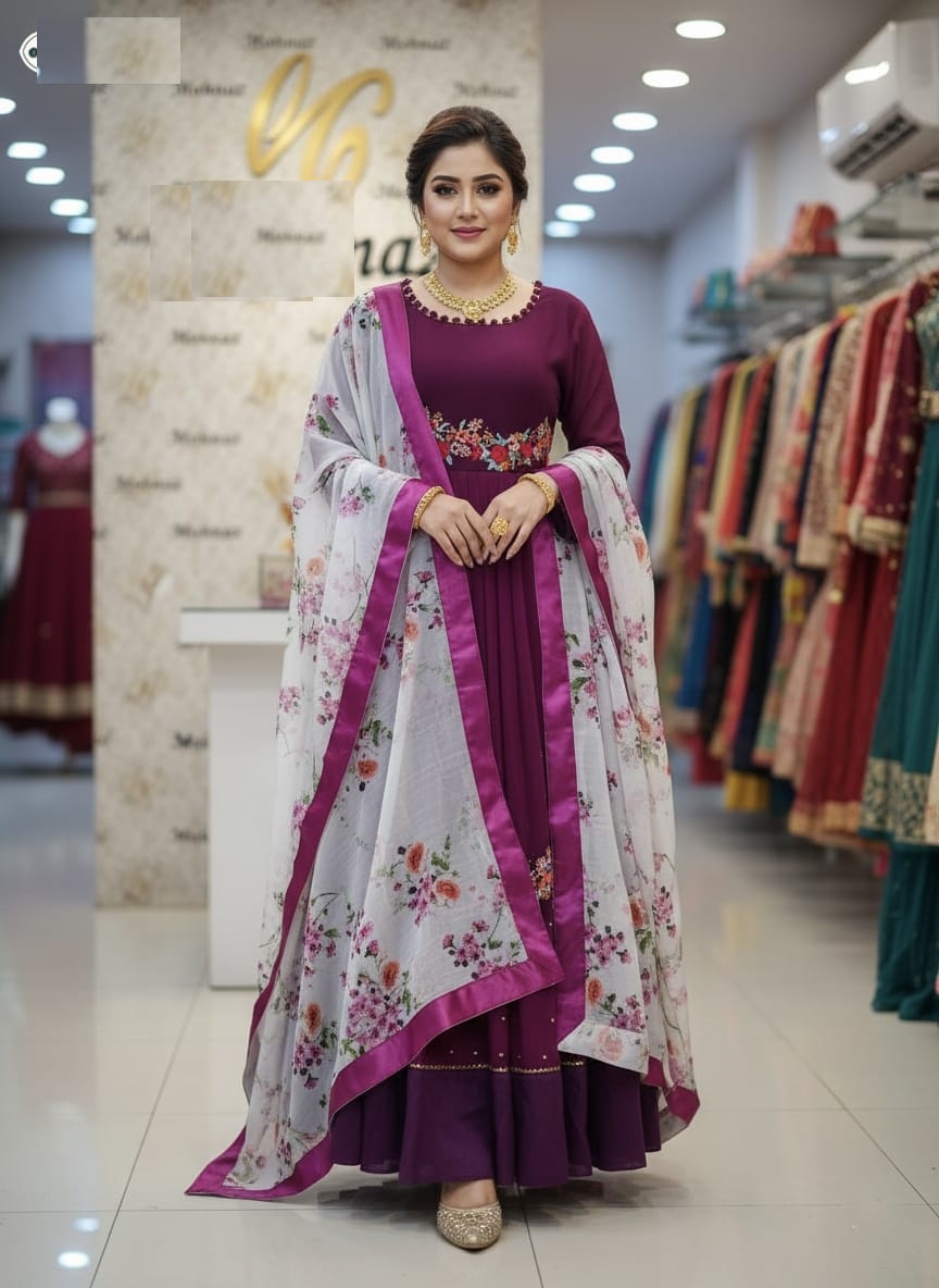 Readymade Georgette Party Dress, Front and Back Embroidery, 54 Inch