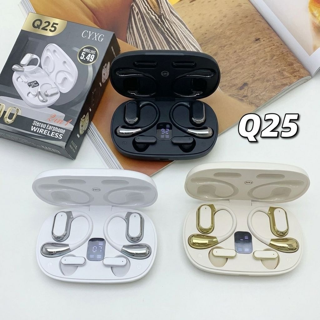 Q25 Earbuds 2-in-1 Couple Soft Ear Hooks Mini Semi-In-Ear Wireless Waterproof Active Noise Cancellation LED Digital Display