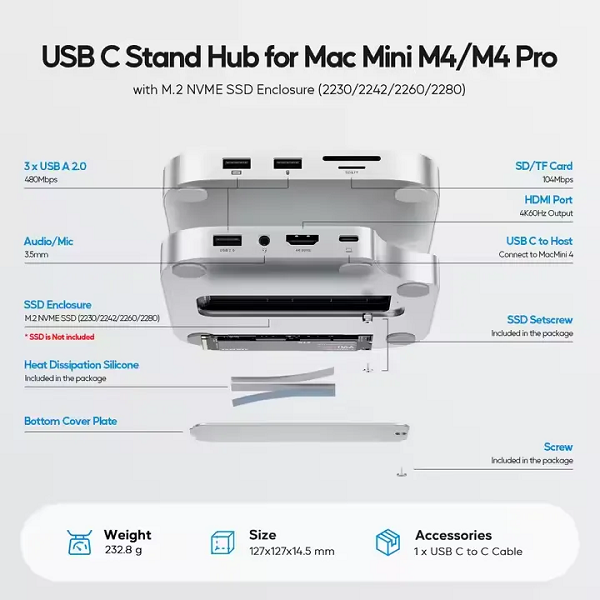 PULWTOP Mac mini M4/M4 Pro Hub Stand Dock with External Storage Upgrade M.2 SSD Enclosure(SSD NOT Included)