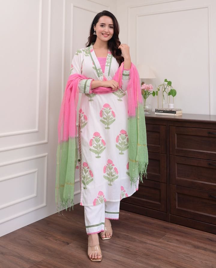 Cotton Screen Print Three Piece with Lace Work, 3 Colours