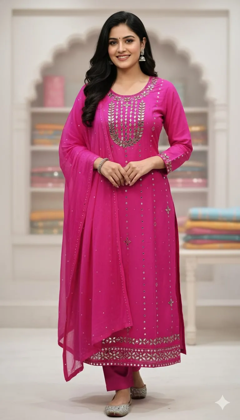 AC Cotton Karchupi Three Piece with Butter Silk Pant, Free Size