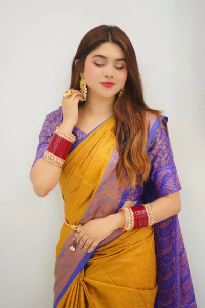 Mustard Kanjivaram Silk Saree, Royal Blue Border, Jacquard Blouse