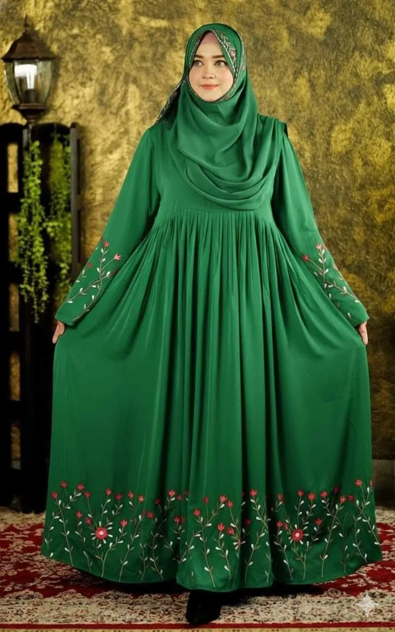 Rajanigandha Embroidered Borka with Hijab, Cherry Fabric