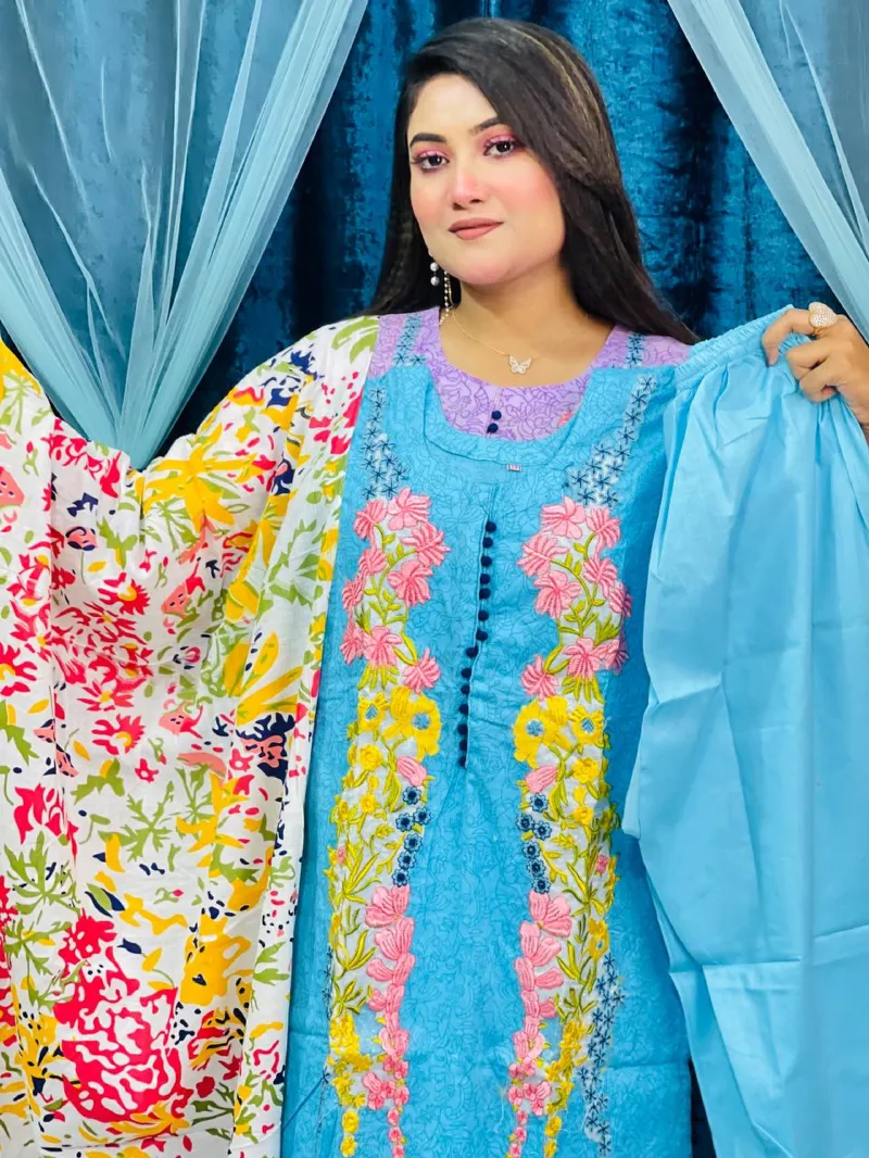 Women's Cotton Voile Three Piece with Full Body Embroidery