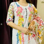 Embroidered Voile Three Piece with Screen Print Cotton Orna