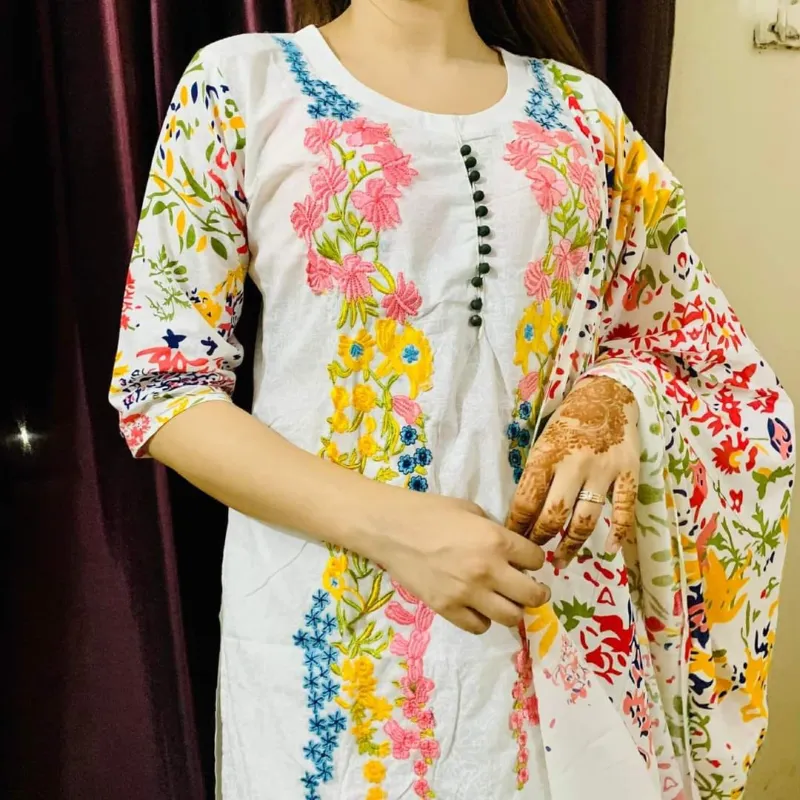 Embroidered Voile Three Piece with Screen Print Cotton Orna