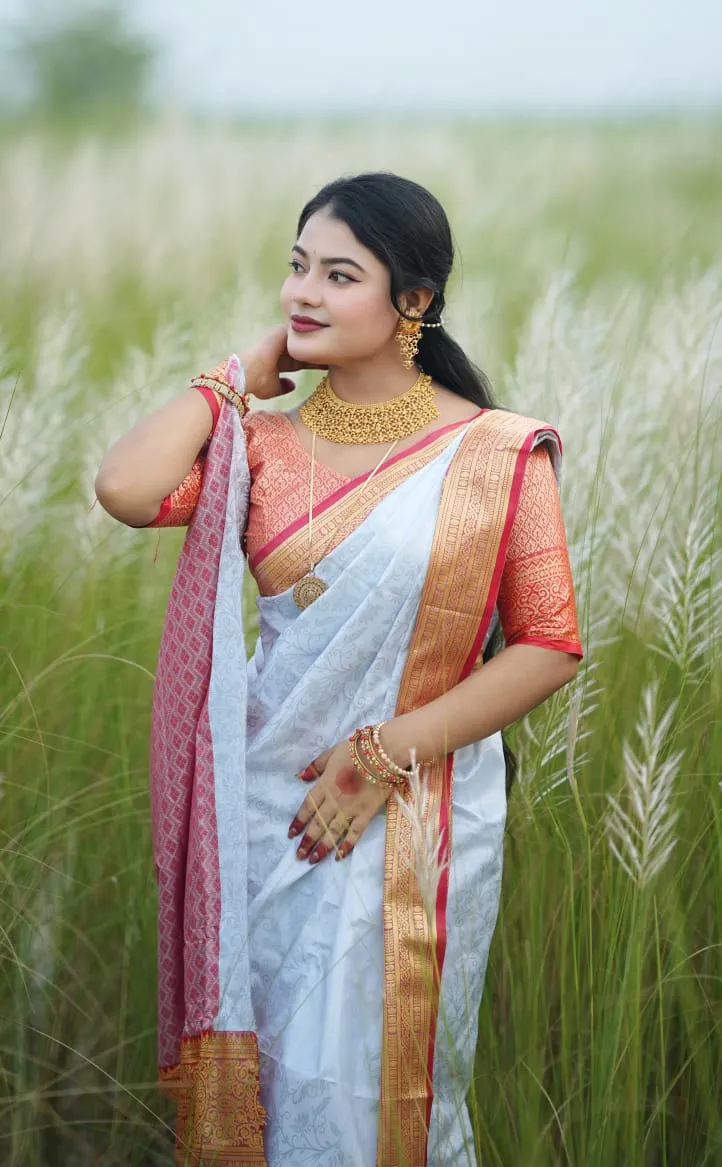 Katan Saree with Matching Blouse Piece for Puja