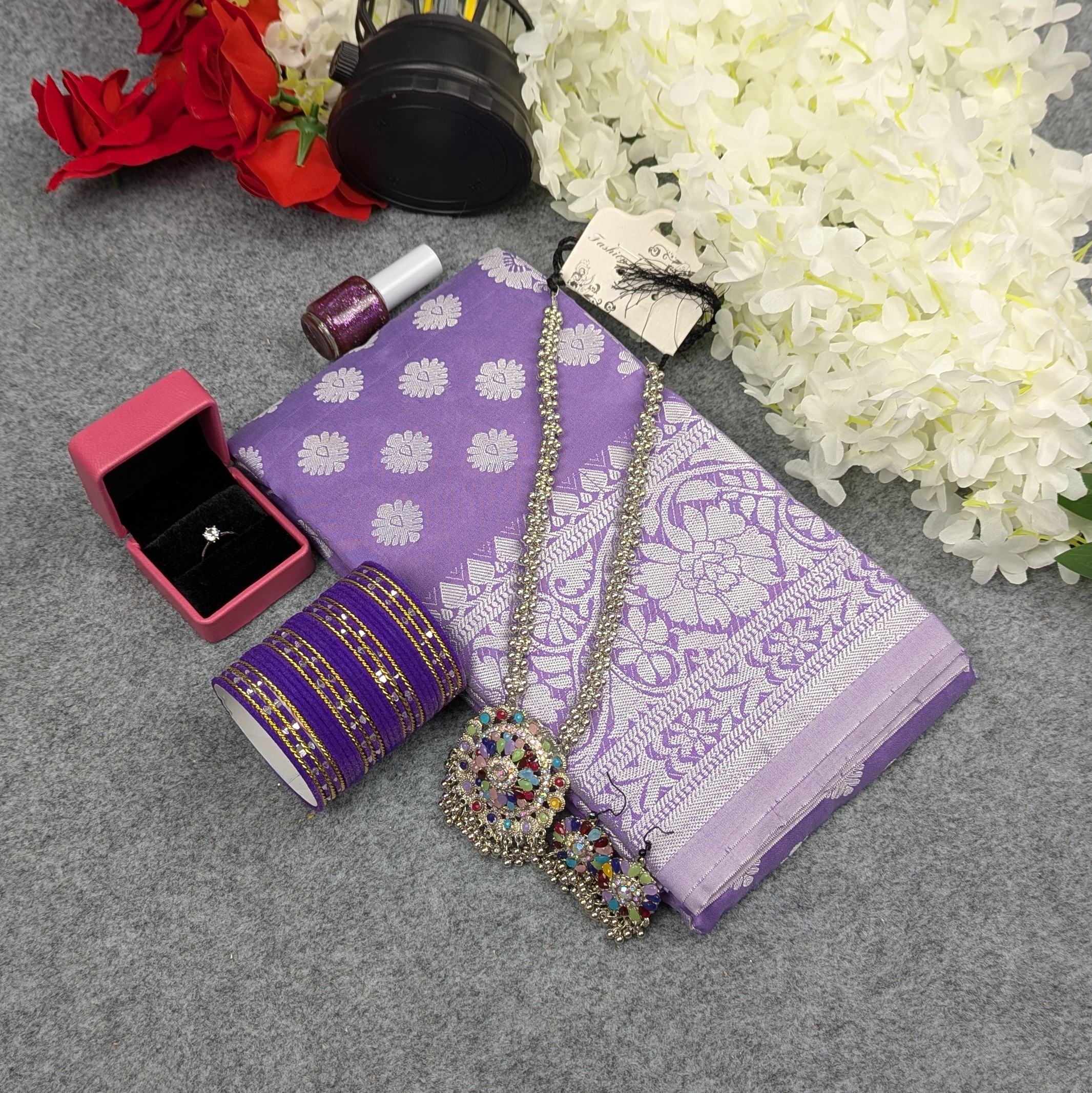 Premium Silk Katan Saree Combo Set - Lavender