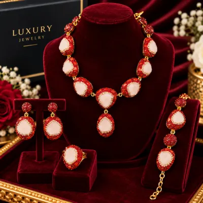 Premium White Druzy & Red Crystal Bridal Jewelry Set