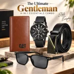The Ultimate Gentleman 4-in-1 Essentials Combo – Olevs Skeleton Watch, Automatic Leather Belt, Wayfarer Sunglasses & Long Wallet Set for Men