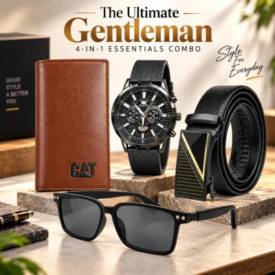 The Ultimate Gentleman 4-in-1 Essentials Combo – Olevs Skeleton Watch, Automatic Leather Belt, Wayfarer Sunglasses & Long Wallet Set for Men