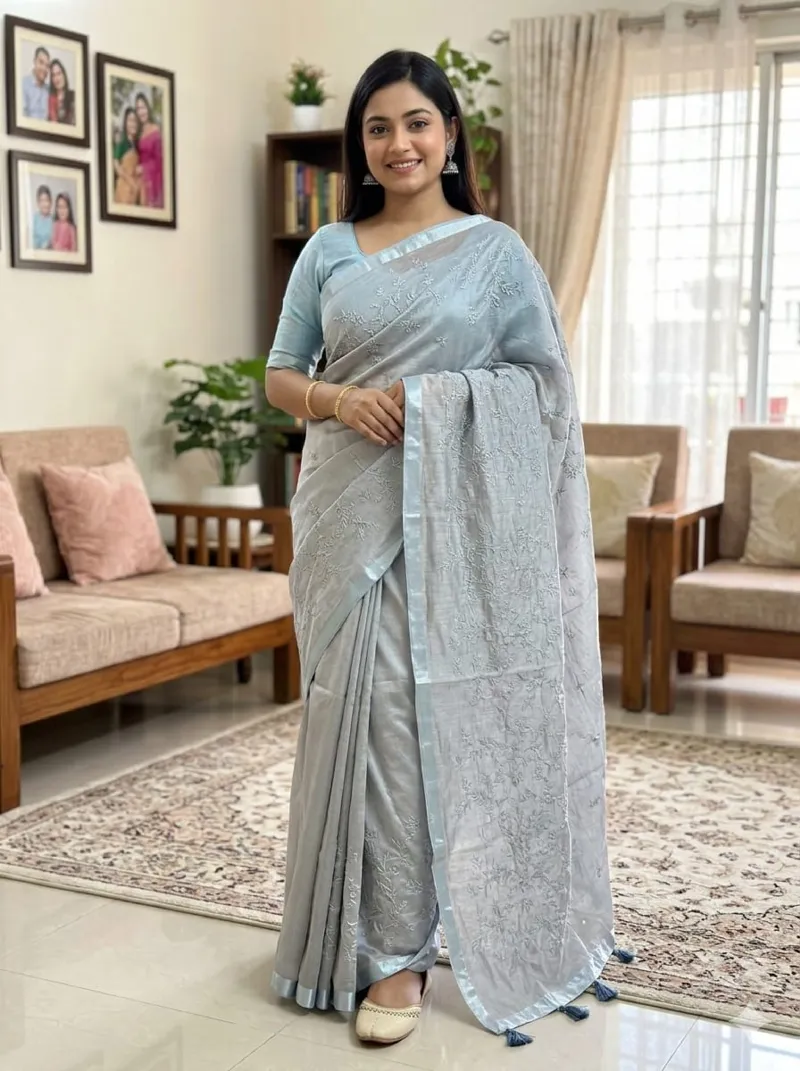 Half Silk Saree with Full Embroidery, Without Blouse Piece