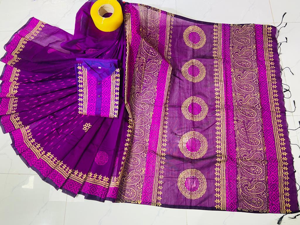 Couple Dress in Dhupian Silk with Block Print, Saree and Panjabi