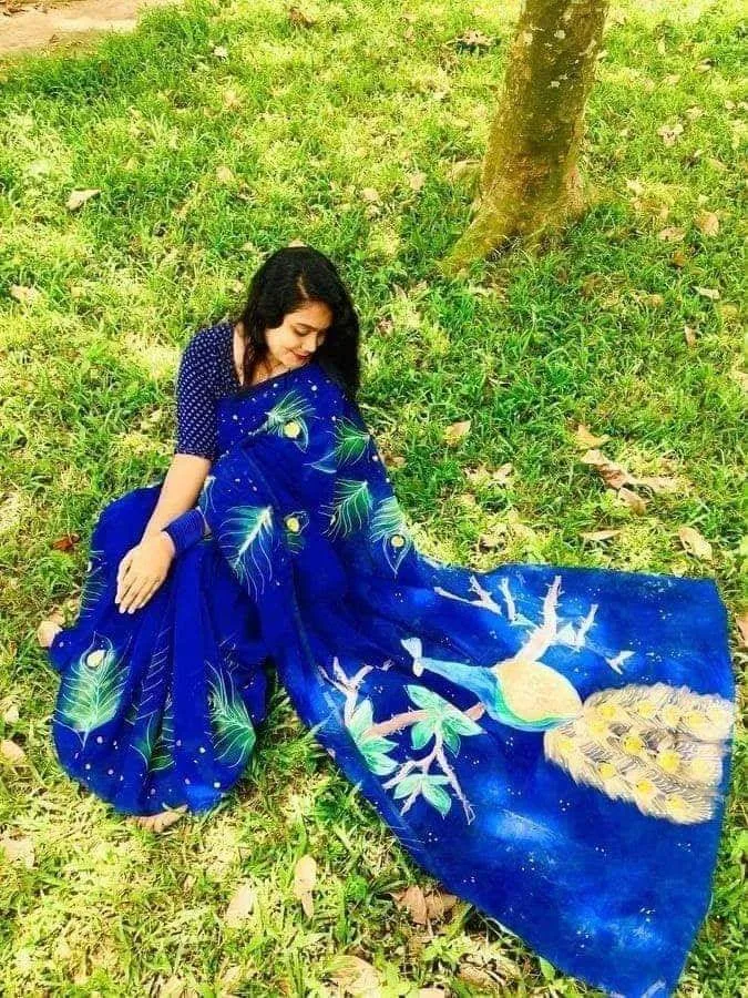 Women's Hand Painted Half Silk Saree, Comfortable in Any Season