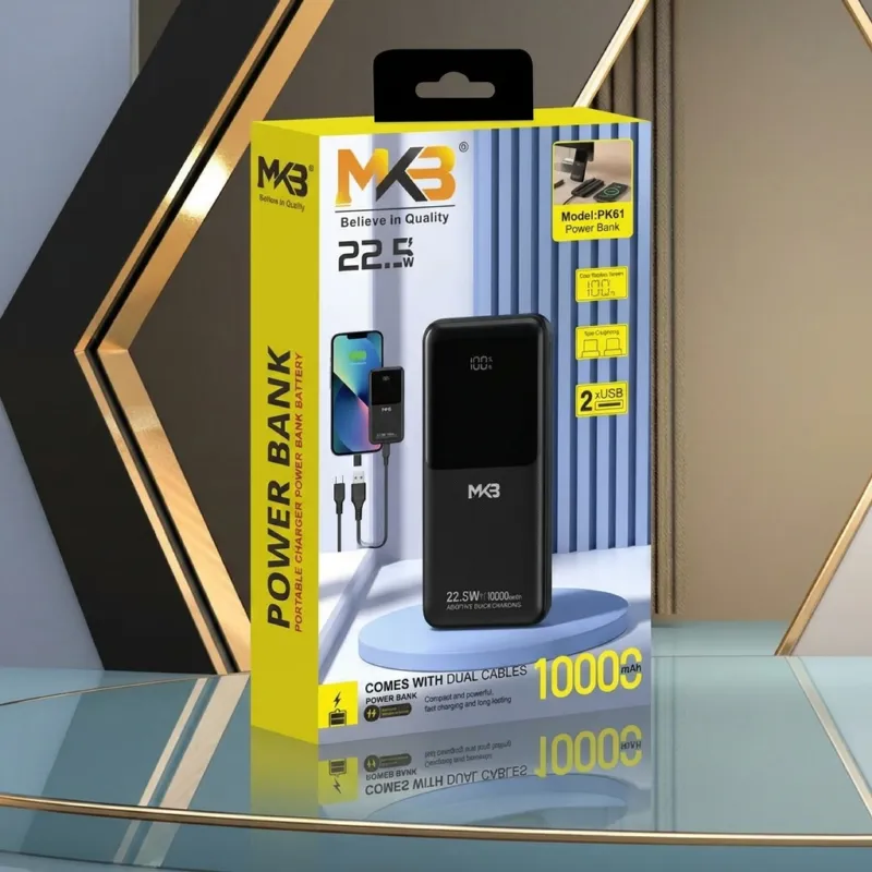MKB PK61 10000mAh Power Bank with 22.5W PD Output, Digital Display & Dual Cables