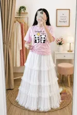 Pure Cotton T-Shirt and Soft Net Skirt Set, 200 Inch Flare