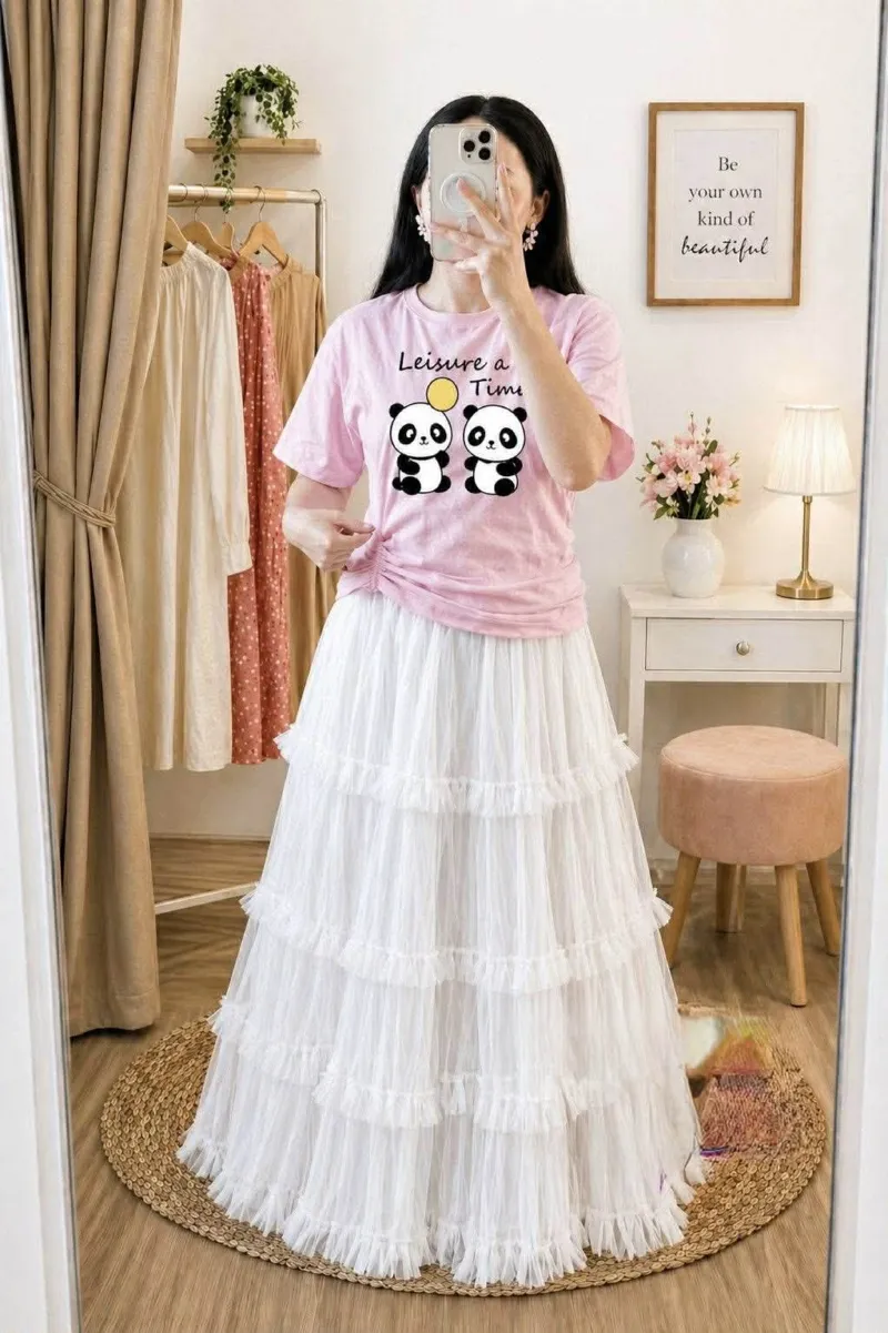 Pure Cotton T-Shirt and Soft Net Skirt Set, 200 Inch Flare