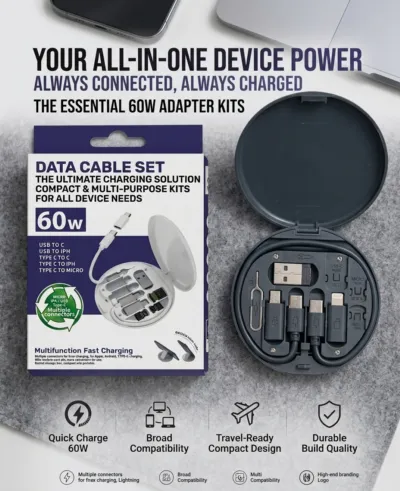 60W Fast Charging 3-in-1 USB Cable Set with Storage Box