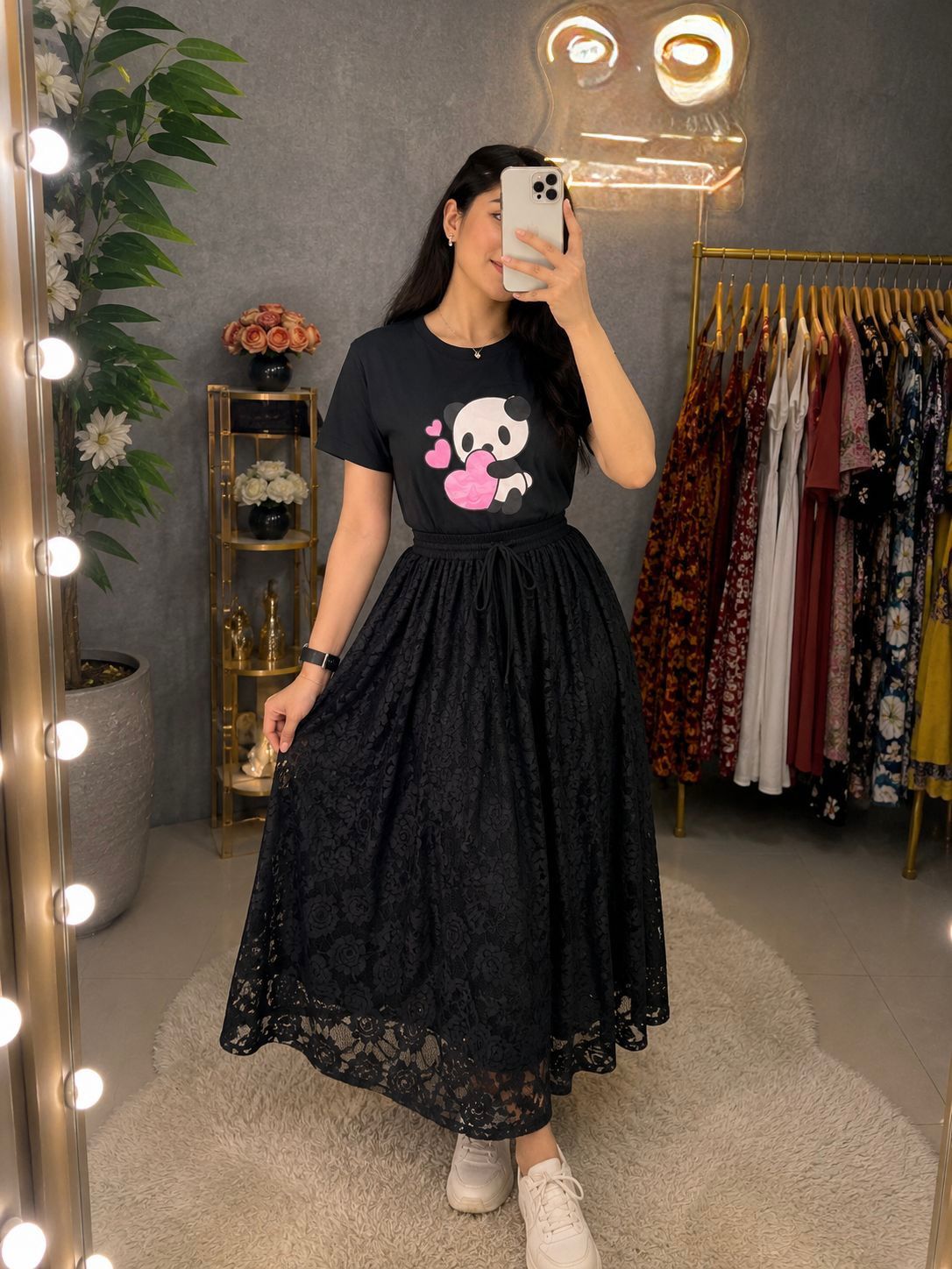 Georgette Skirt and Pure Cotton T-Shirt Set, Free Size up to 42