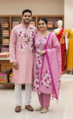 Hand Print Couple Dress, Voile Three Piece and Dhupian Silk Panjabi