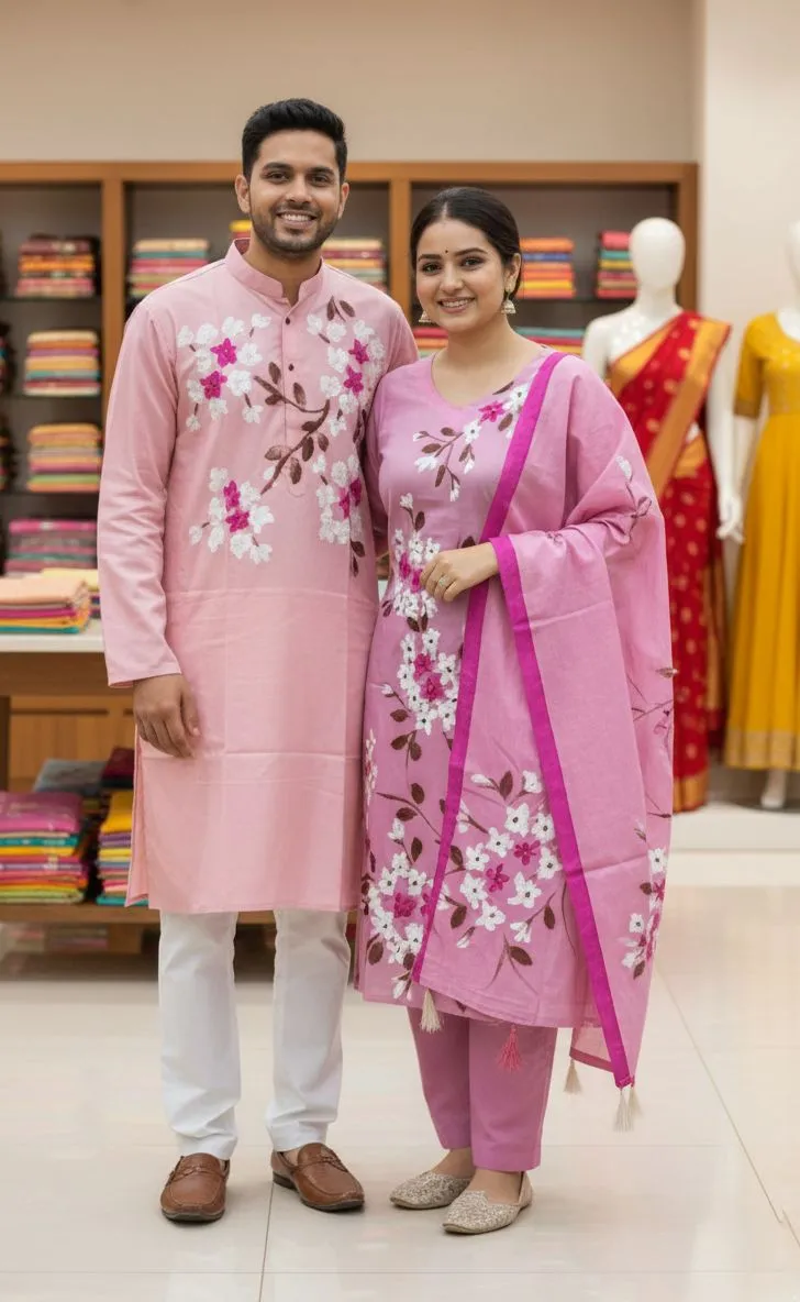 Hand Print Couple Dress, Voile Three Piece and Dhupian Silk Panjabi