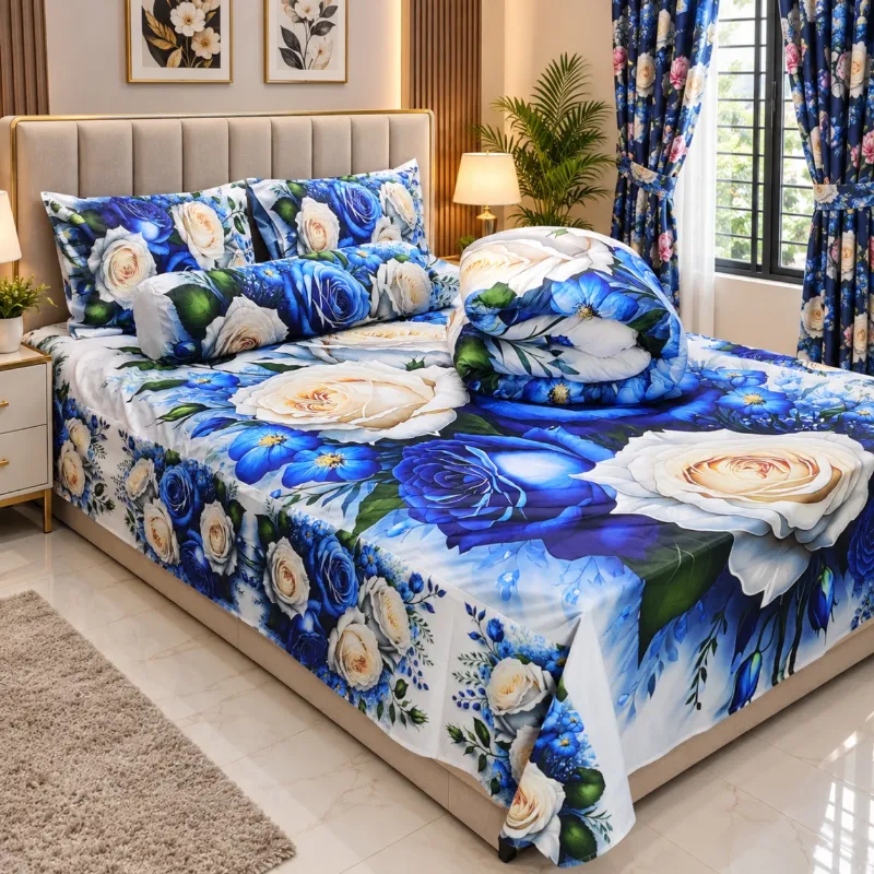 3D Design Comforter and King Size Velvet Bed Sheet Set, 6 Colours