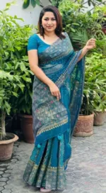 Block Print Semi Muslin Saree with Cotton Voile Blouse, 14 Haath