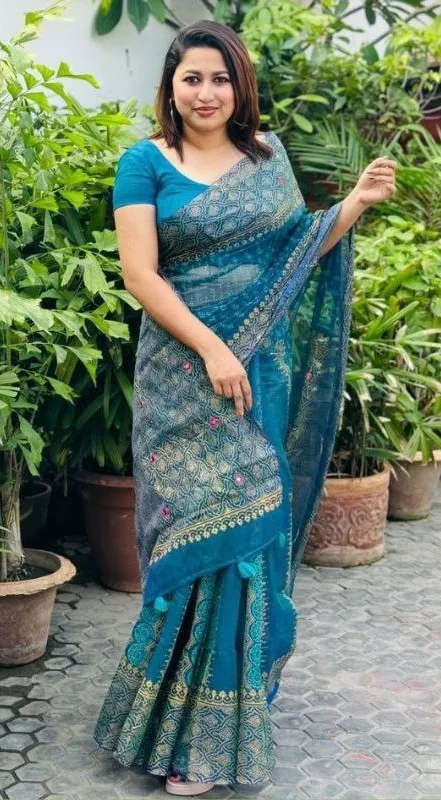 Block Print Semi Muslin Saree with Cotton Voile Blouse, 14 Haath