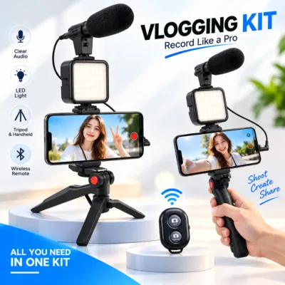 3-in-1 Professional Video Making Vlogging Kit with Shotgun Mic, LED Light & Tripod