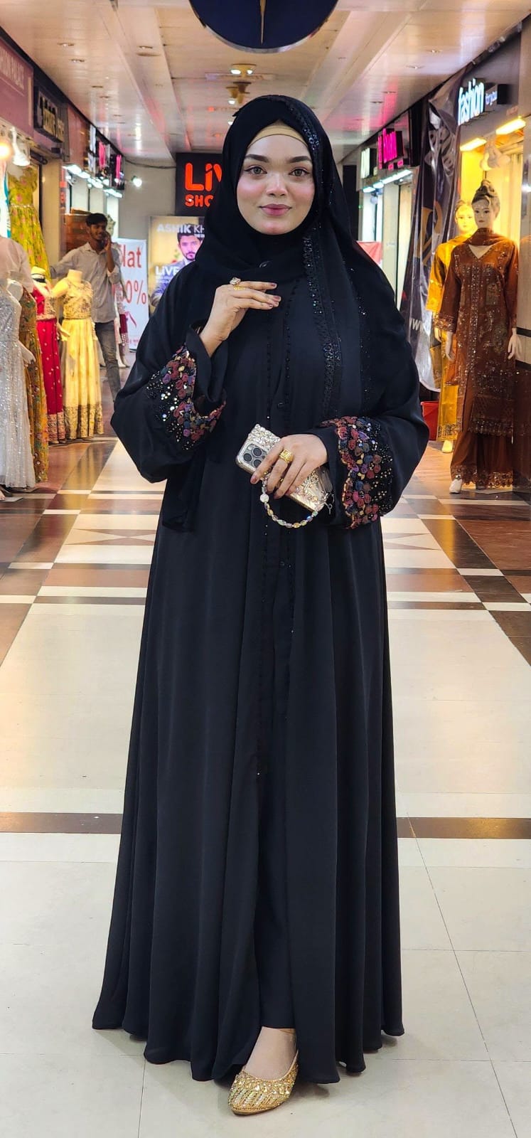 Koti Abaya with Karchupi Lace and Snap Buttons, Free Body Size