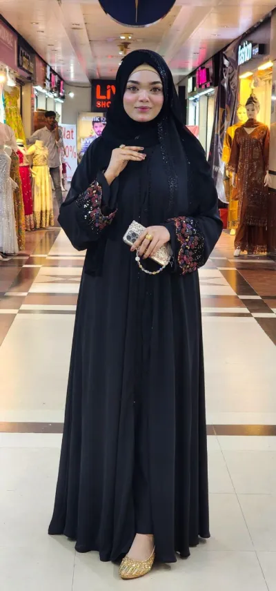 Koti Abaya with Karchupi Lace and Snap Buttons, Free Body Size