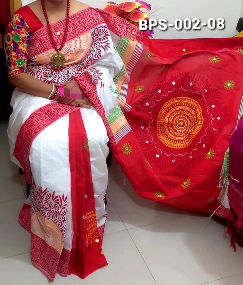 Women's Half Silk Hand Print Saree in 6 Shades, 12 Haath