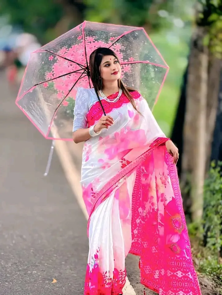 Chanderi Silk Flower Print Saree with Printed Border, 5 Colours