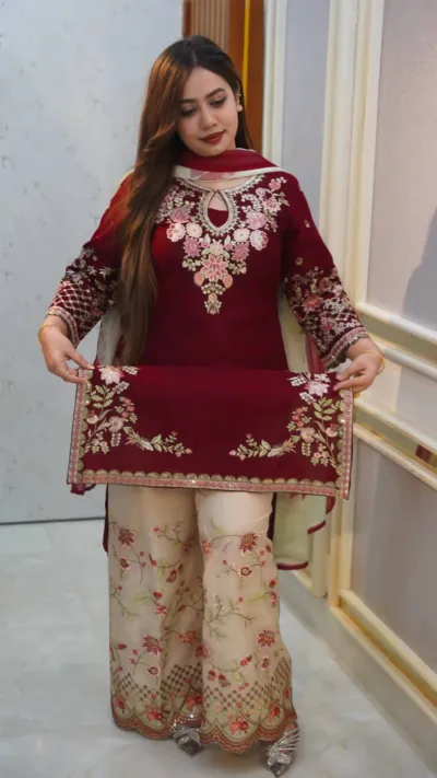 Women's Cotton Garara Three Piece, Embroidered Salwar, 4 Colours