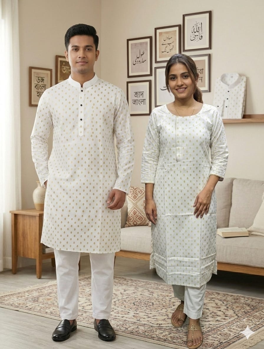 Couple Cotton Voile Three Piece and Printed Panjabi, 3 Colours