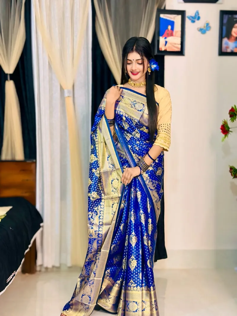 Buti Work Soft Silk Katan Saree, Saree Only, 12 Haath