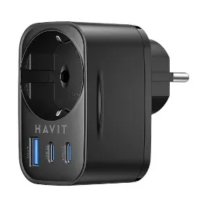 Havit UC142 GaN USB, Dual USB-C & AC Outlet 30W 4 In 1 Black Travel Charger
