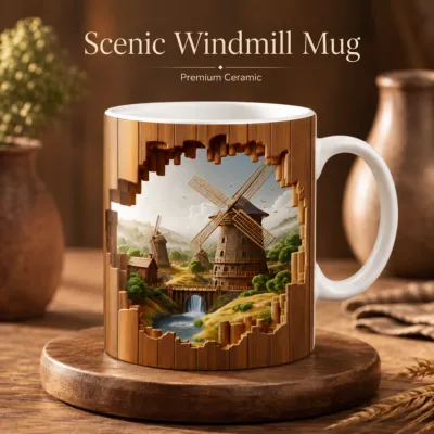 Scenic Windmill Mug – Premium Ceramic Coffee Mug with 3D Rural Landscape Wraparound Design, Microwave & Dishwasher Safe