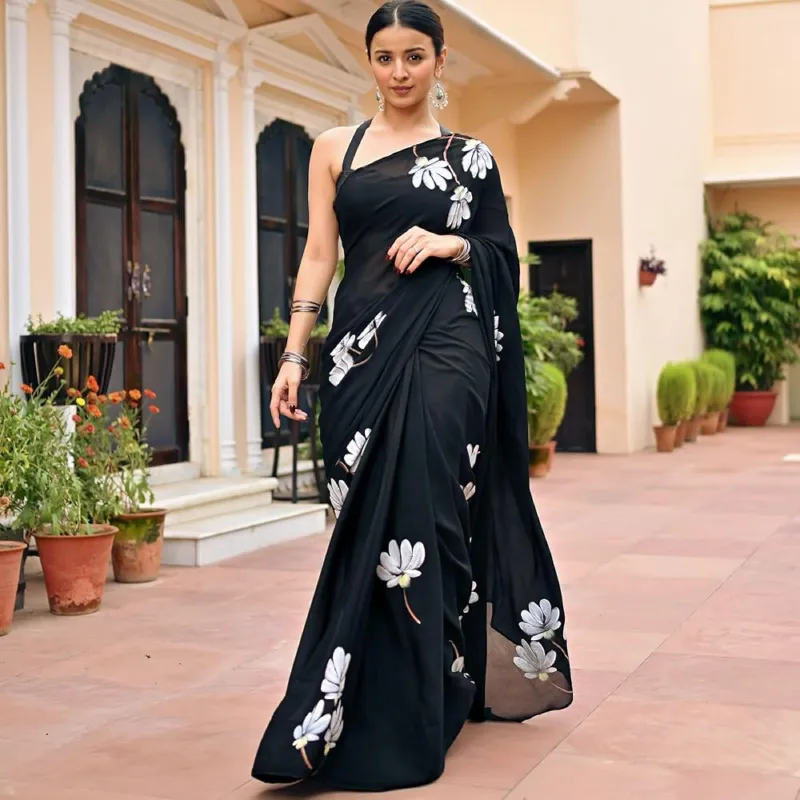 Hand Print Semi Muslin Saree with Blouse Piece