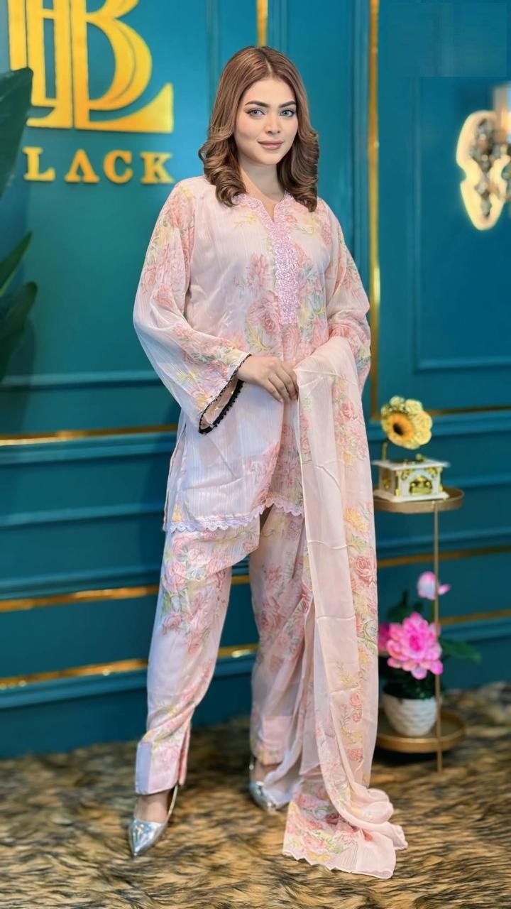 Chiffon Georgette Lace Work Three Piece with Farshi Salwar