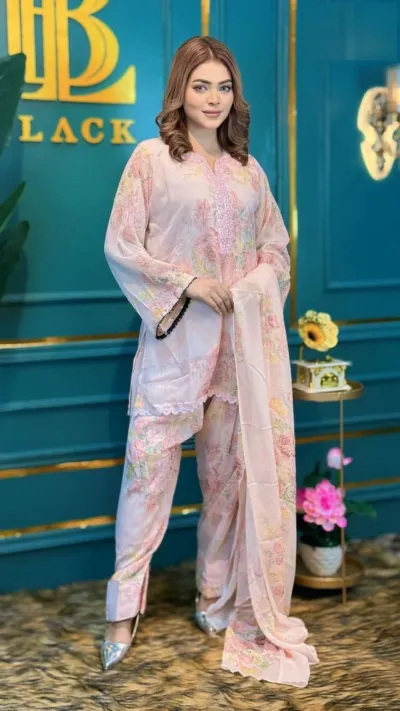 Chiffon Georgette Lace Work Three Piece with Farshi Salwar