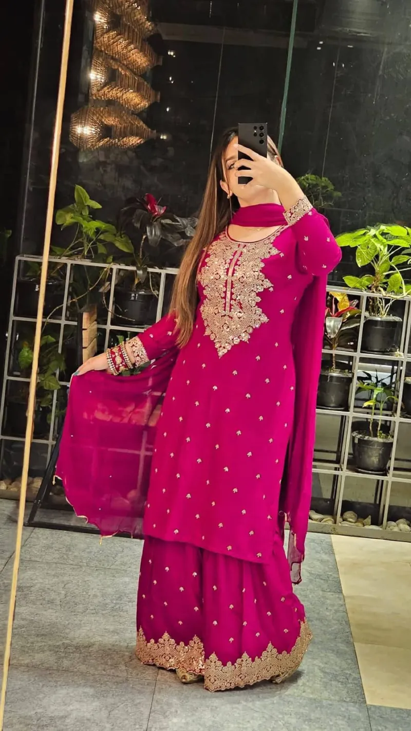 Cotton Garara Dress with Sequin Embroidery and Lace Georgette Orna