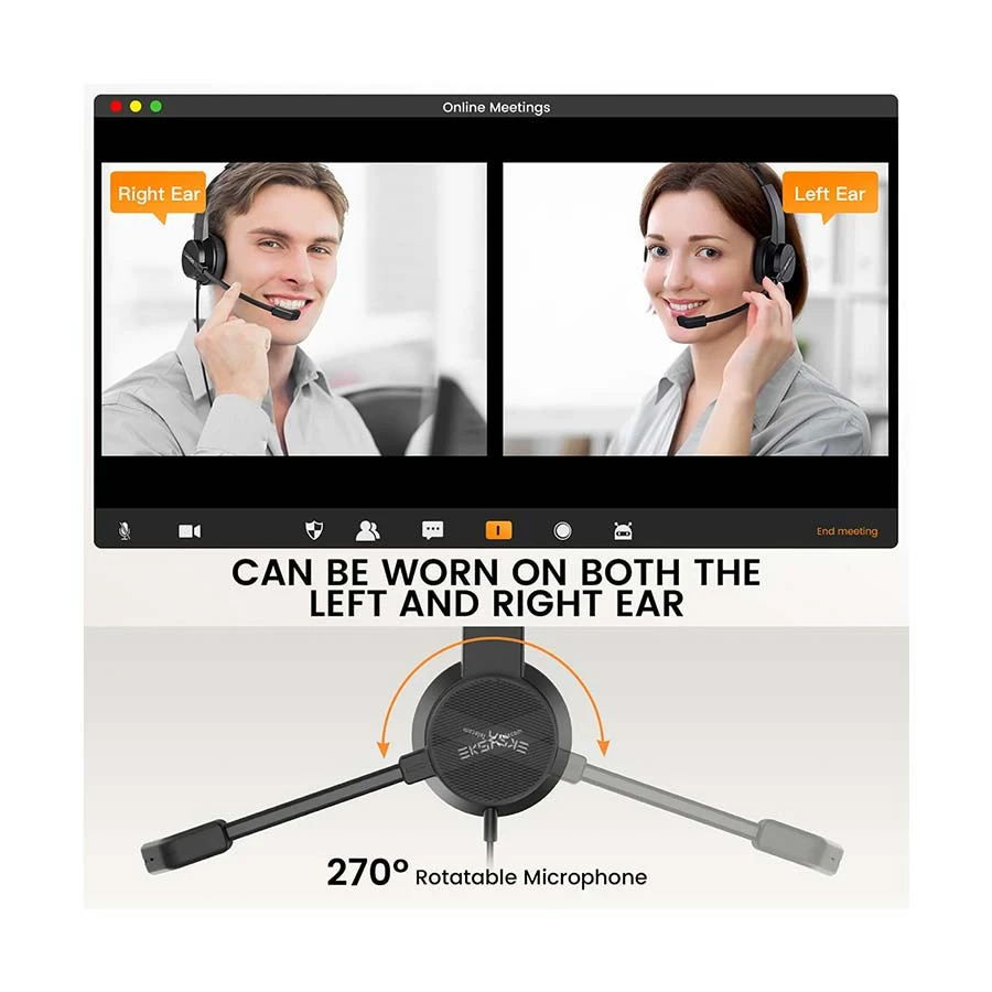 EKSA Telecom H15 Black Wired Over-Ear Professional Mono Headphone