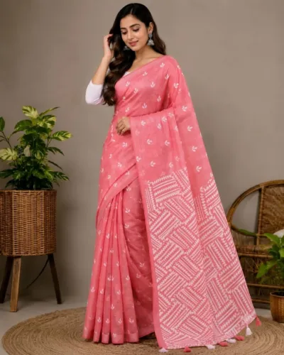 Lightweight Half Silk Jamdani Screen Print Saree, 5 Colours