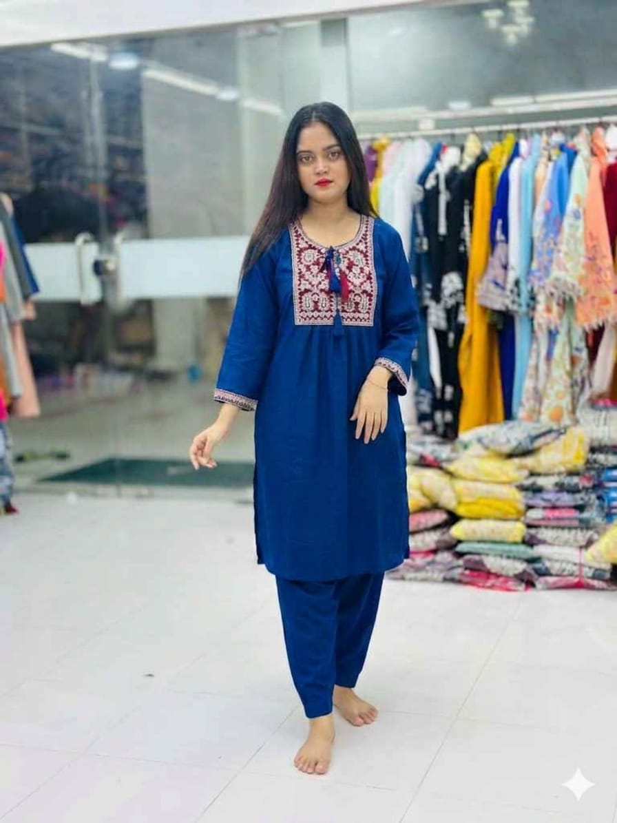 Women's Embroidered Silk Two Piece, Free Size 32 to 42